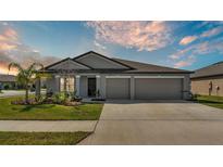 Charming single-story home featuring a well-manicured lawn, two-car garage, and neutral gray color scheme at 2983 Flying Blackbird Rd, Bartow, FL 33830