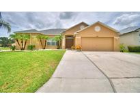 Inviting single-story home with a well-manicured lawn, beautiful palm trees, and attached two car garage at 4069 Byrds Crossing Dr, Lakeland, FL 33812