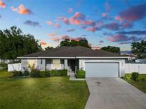 Charming single-story home with a well-manicured lawn, lovely landscaping, and a two-car garage at 3425 Sutton Ridge St, Lakeland, FL 33810
