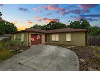 Charming single-story home with a unique flamingo painted garage door and a spacious driveway at 137 Leitha Way, Lakeland, FL 33809