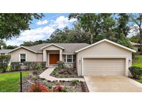 Charming single-story home featuring a well-manicured lawn and inviting double-door entrance at 305 Woods Landing Dr, Lady Lake, FL 32159