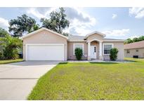 Charming single-story home with manicured lawn, well-lit driveway and an attached two car garage at 3281 Enclave Blvd, Mulberry, FL 33860