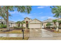Charming single-story home with a well-manicured lawn, palm trees, and attached two-car garage at 506 Henley Cir, Davenport, FL 33896