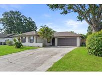 Charming single-story home featuring a two-car garage, well-maintained lawn and tropical plants at 4219 Sunny Land Dr, Lakeland, FL 33813