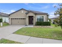 Charming one-story home showcasing a well-manicured lawn, tidy landscaping, and inviting curb appeal at 647 Chicago Way, Dundee, FL 33838