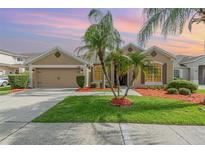 Charming single-story home with a well-maintained lawn, tropical palm trees and a two-car garage at 13852 Eylewood Dr, Winter Garden, FL 34787