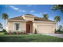 Inviting single-story home featuring a two-car garage, complemented by lush landscaping at 1513 Otter Woods Ln, Auburndale, FL 33823