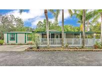 Charming single-story home featuring a welcoming porch, palm trees, and lush landscaping at 15345 Angus Rd, Polk City, FL 33868