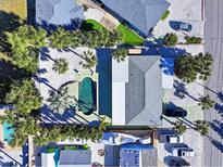 Stunning aerial view showcasing a private pool, lush landscaping, and ample parking spaces at 402 Lincoln Ave, New Smyrna Beach, FL 32169