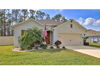 Charming single-story home with a manicured lawn, mature landscaping, and an attached two-car garage at 114 Sunset Point Dr, Ormond Beach, FL 32174
