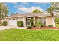 Charming single story home with lush landscaping, a well-manicured lawn, and attached two car garage at 2626 Turnbull Estates Dr, New Smyrna Beach, FL 32168