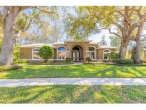 Charming single-story home featuring a manicured lawn and mature trees for shade and curb appeal at 6049 Sabal Hammock Cir, Port Orange, FL 32128