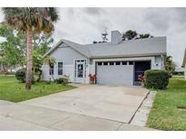 Charming single-story home features an attached garage, landscaped front yard, and mature palm trees enhancing curb appeal at 731 Pine Shores Cir, New Smyrna Beach, FL 32168