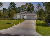 Charming single-story home featuring an attached garage, manicured lawn, and a long driveway lined with landscape lighting at 703 Volco Rd, Edgewater, FL 32141