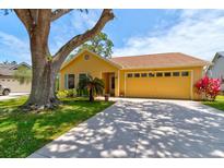 Charming yellow single-story home featuring a well-manicured lawn, a large tree, and an attached two-car garage at 706 Sky Tree Ct, New Smyrna Beach, FL 32168