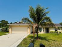 Charming single-story home with a well-manicured lawn, large driveway, and a mature palm tree in the front yard at 3303 Victory Palm Dr, Edgewater, FL 32141