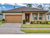 Inviting single-story home with a two-car garage, manicured lawn, and a charming entryway at 534 Stowers Dr, New Smyrna Beach, FL 32168
