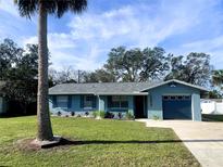 Charming single-story home with a well-manicured lawn, palm tree, and a one-car garage in a residential neighborhood at 1920 Travelers Palm Dr, Edgewater, FL 32141
