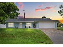 Charming single-story home with well-manicured lawn, neutral paint, and an attached two car garage at 2529 Umbrella Tree Dr, Edgewater, FL 32141