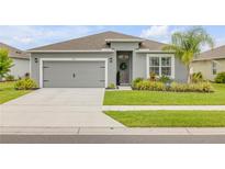 Charming single-story home with a gray exterior, well-manicured lawn, and an attached two-car garage at 2733 Neverland Dr, New Smyrna Beach, FL 32168