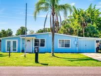 Charming blue single-story home with a well-maintained lawn and mature landscaping featuring a palm tree in the front yard at 903 Conrad Dr, New Smyrna Beach, FL 32168
