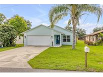 Charming single-story home with a well-manicured lawn and a vibrant palm tree in the front yard at 805 Spruce St, New Smyrna Beach, FL 32168