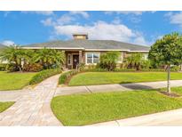 Inviting single-story home featuring a beautifully landscaped front yard with palm trees and a paver walkway at 2939 Bella Flore Ter, New Smyrna Beach, FL 32168