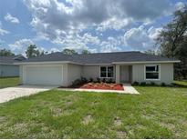 Charming single-story home featuring a well-maintained lawn, attached garage, and inviting front entrance at 75 Guava Place Dr, Ocklawaha, FL 32179