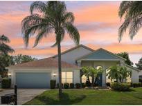 Charming single-story home featuring a well-manicured lawn and beautiful tropical landscaping at sunset at 9226 Longfellow Pl, Apopka, FL 32703