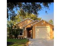 Inviting single-story home featuring a warm-toned exterior, attached garage, manicured lawn, and mature trees at 5003 Aventura Blvd, Orlando, FL 32839