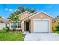 Inviting single-story home with manicured lawn, palm tree, neutral paint, attached one car garage and a neatly maintained landscape at 5003 Aventura Blvd, Orlando, FL 32839