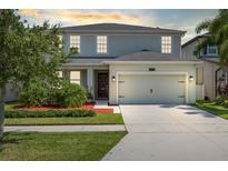 Two-story house with a neutral color scheme, two-car garage, and well-maintained landscaping at 2275 Cathedral Rock Dr, Kissimmee, FL 34746