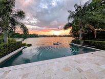 Stunning infinity pool overlooking a serene lake at sunset, surrounded by lush greenery and palm trees at 1010 Strathmore Dr, Orlando, FL 32806