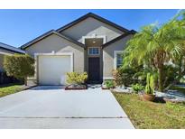 Tan house with dark brown trim, white garage door, and landscaped front yard at 13136 S Ashington Pointe Dr, Orlando, FL 32824