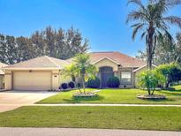 Tan one-story house with brown roof, two-car garage, and palm trees at 10324 Pleasant View Dr, Leesburg, FL 34788