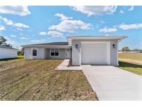 Charming single-story home featuring a gray exterior, attached garage and a concrete driveway at 3590 Sw 150Th Ct, Ocala, FL 34481