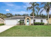 Charming single-story home featuring solar panels, a well-manicured lawn, and a lovely light blue front door at 1053 E Hancock Dr, Deltona, FL 32725
