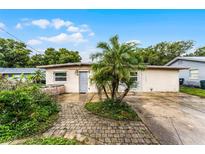 Charming single-story home with a stucco exterior, mature palm trees, and a brick pathway to the front door at 4908 Seminole Ave, Winter Park, FL 32792