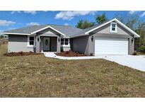 Charming single-Gathering home features a two-car garage, manicured lawn, and stylish gray paint at 8749 Se 159Th Ln, Summerfield, FL 34491