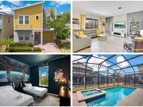 Real estate listing showcasing the home's exterior, living room, bedroom, and screened pool area at 2736 Bookmark Dr, Kissimmee, FL 34746