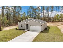 Aerial view of the house, surrounded by mature trees, a long driveway, and a well-maintained lawn at 13516 Sw 78 Pl, Dunnellon, FL 34432
