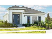 Inviting single-story home with a well-manicured lawn and stone accents near the front entrance at 9097 Wildlight Trl, Wildwood, FL 34785