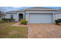 House exterior featuring a two-car garage and landscaped front yard at 1536 Finchburg St, Minneola, FL 34715