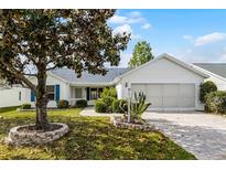 Charming single-story home with a well-maintained front yard, lush tree, and a two-car garage on a sunny day at 3623 Worth Cir, The Villages, FL 32162