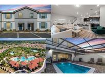 Real estate listing showcasing the property's exterior, interior, pool and community amenities in a collage at 7420 Oakmoss Loop, Davenport, FL 33837