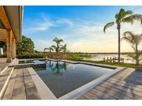 A beautiful pool and hot tub overlook a picturesque lake with a dock and palm trees at 1340 Susannah Blvd, Orlando, FL 32803