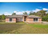 Charming single-story home with tan exterior, white trim, and a well-manicured lawn and landscaping at 24217 Adair Ave, Sorrento, FL 32776