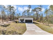 Charming single-story home featuring a white exterior, dark garage door, and a well-manicured lawn surrounded by tall trees at 406 Nw Narcissus Rd, Dunnellon, FL 34431