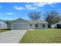 Newly renovated single-story home with gray siding, attached garage, and a well-maintained lawn at 637 Twin Lake Ave, Deltona, FL 32738