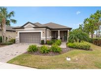 Single-story home with gray siding, a two-car garage, and a landscaped front yard at 2714 Stargrass Cir, Clermont, FL 34715